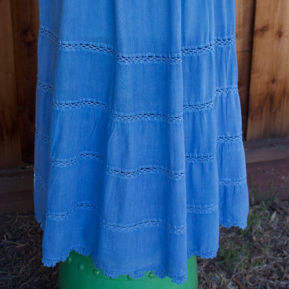 Vintage 70's Boho Handmade 100% Cotton Knit/Crochet Blue Midi Tiered Dress - Picture 10 of 17